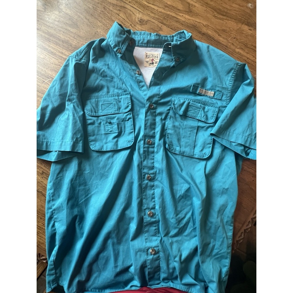 Red Head Branded Fishing Button Up Shirt Blue Mesh Vented Short Sleeve‎ Large